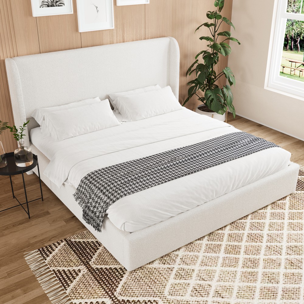 King Queen Size Upholstered Platform Bed Frame with Tall Wingback Headboard