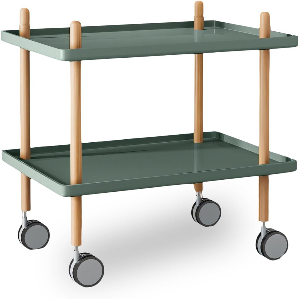 2 Layer End Table Trolley Side Table Nightstand w/4 Shelves & Wheels for Kitchen