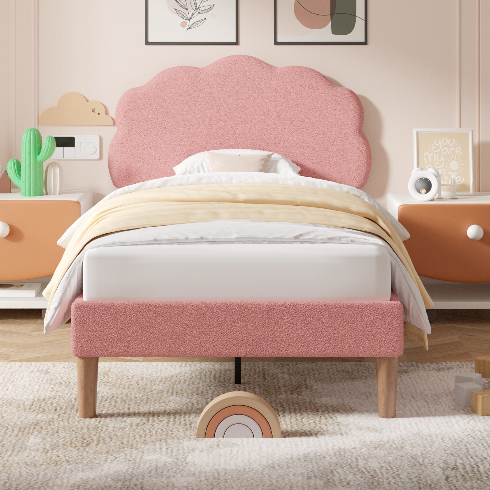 Twin Bed Frame for Kids Adjustable Upholstered Headboard Height, Pink and White