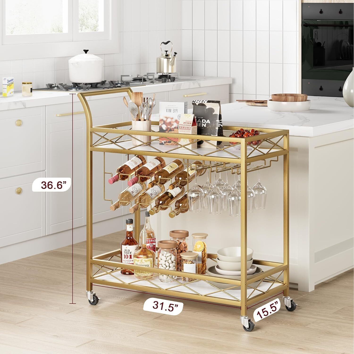 2 Tier Bar Cart Home Bar Drink Serving Cart with 4 Wheels for Kitchen