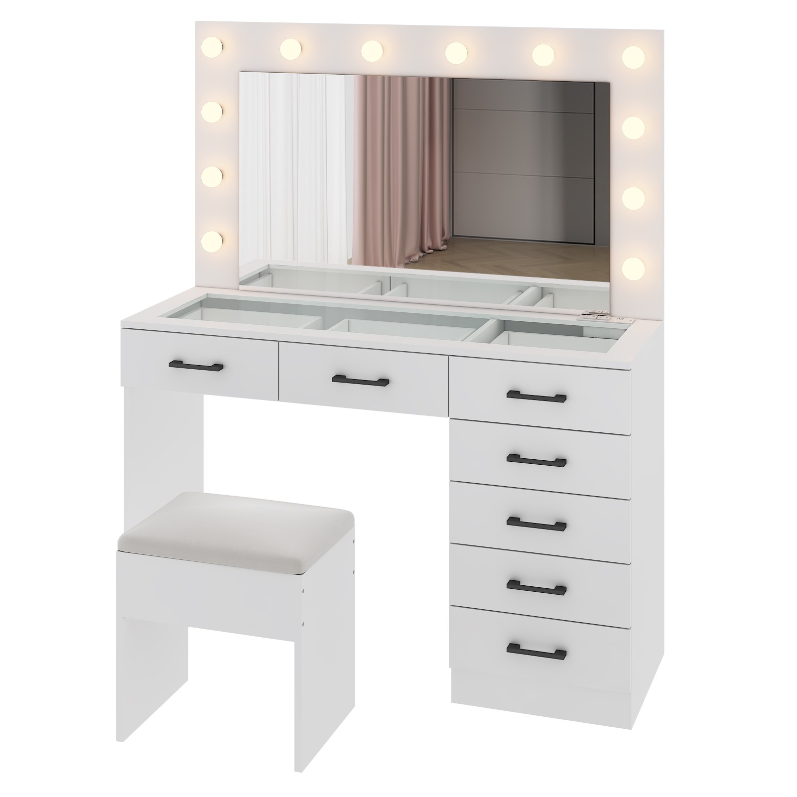 Large Vanity Set Makeup Desk Dressing Dresser Table 7 Drawer with 12 LED Lights