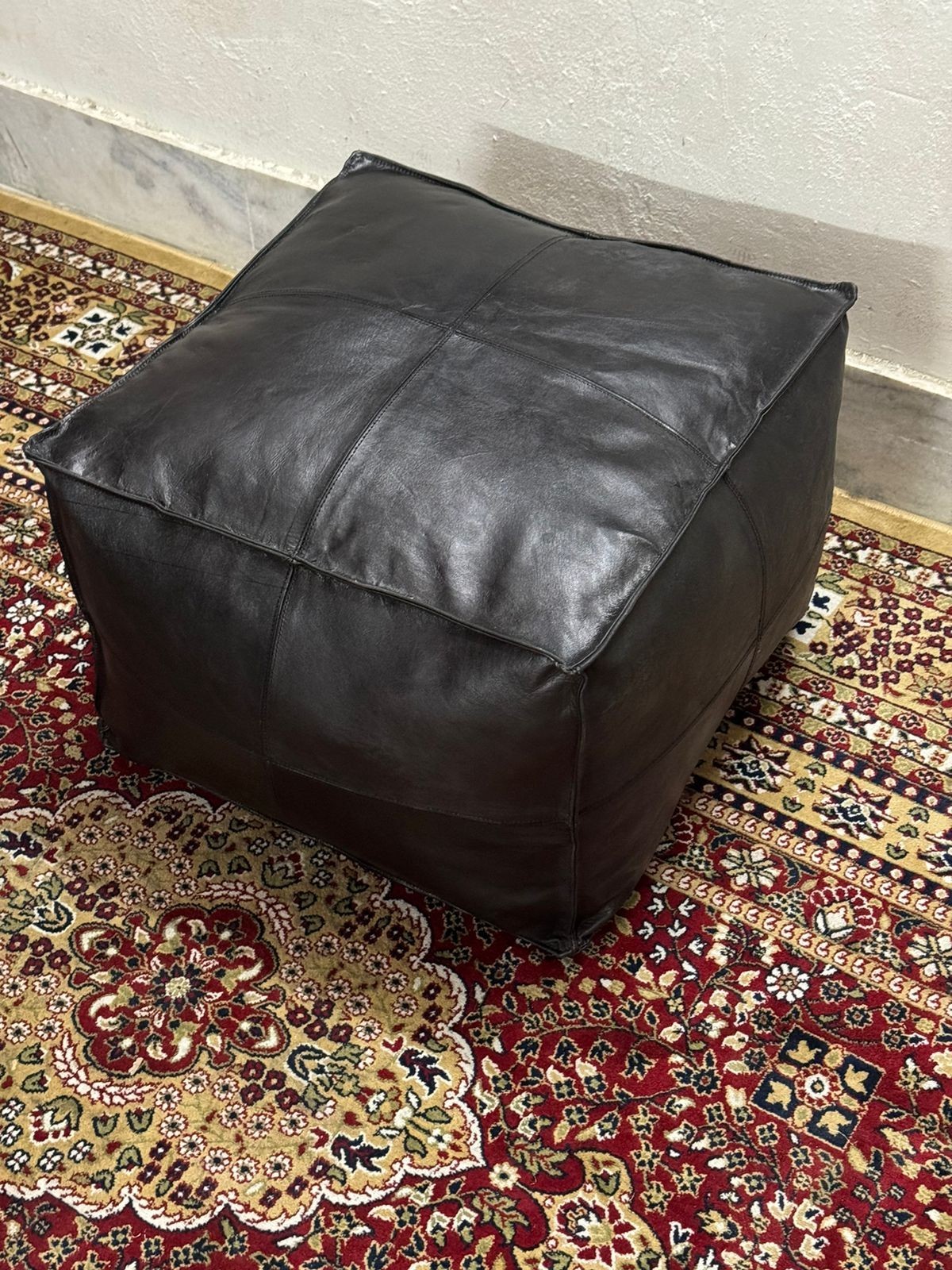 Boho Moroccan Leather Footstool Pouffe – Round Brown Ottoman Unstuffed 20”