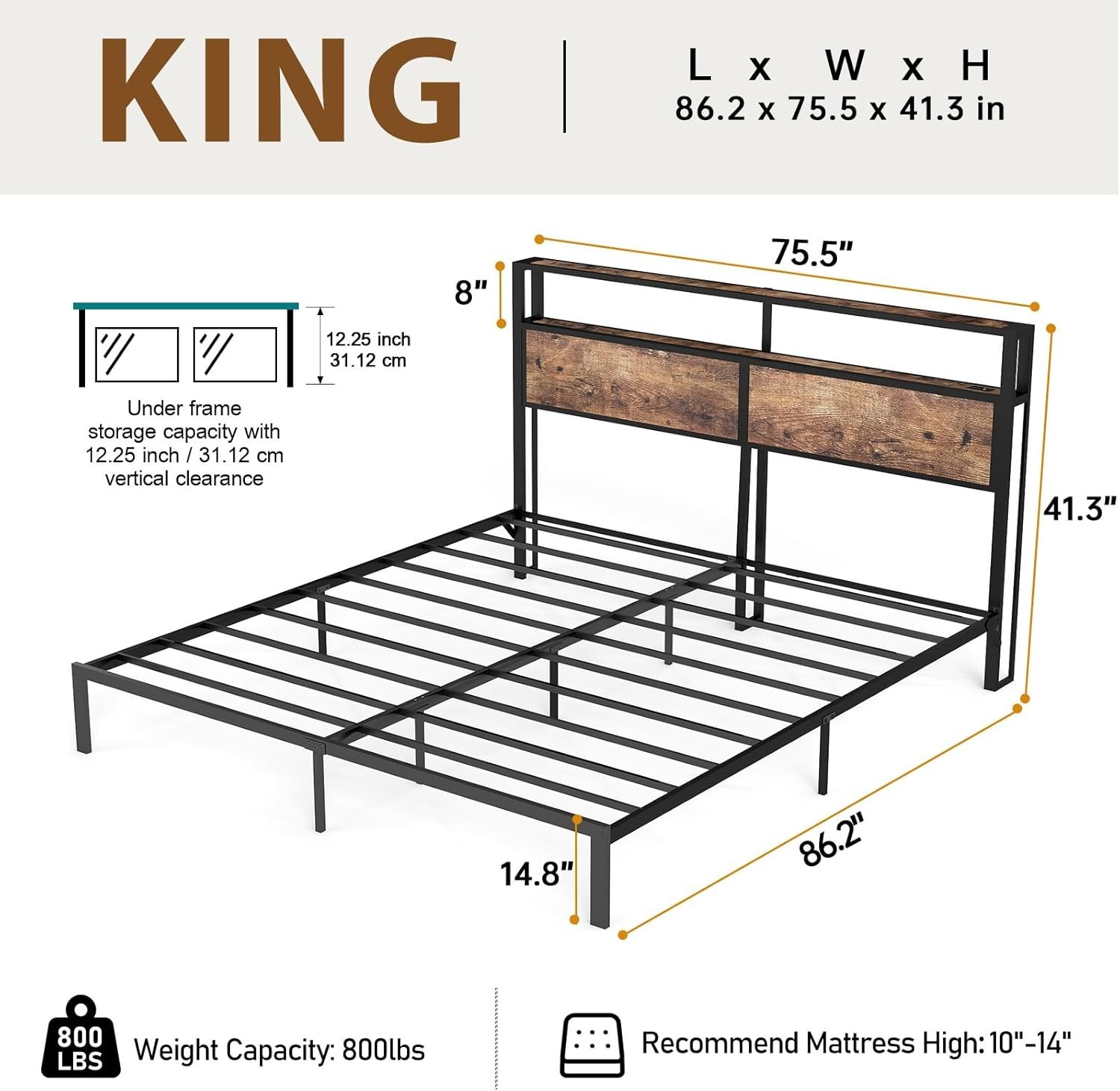 King Queen Full Metal Platform Bed Frame with LED Light, Charging ,4 Drawers