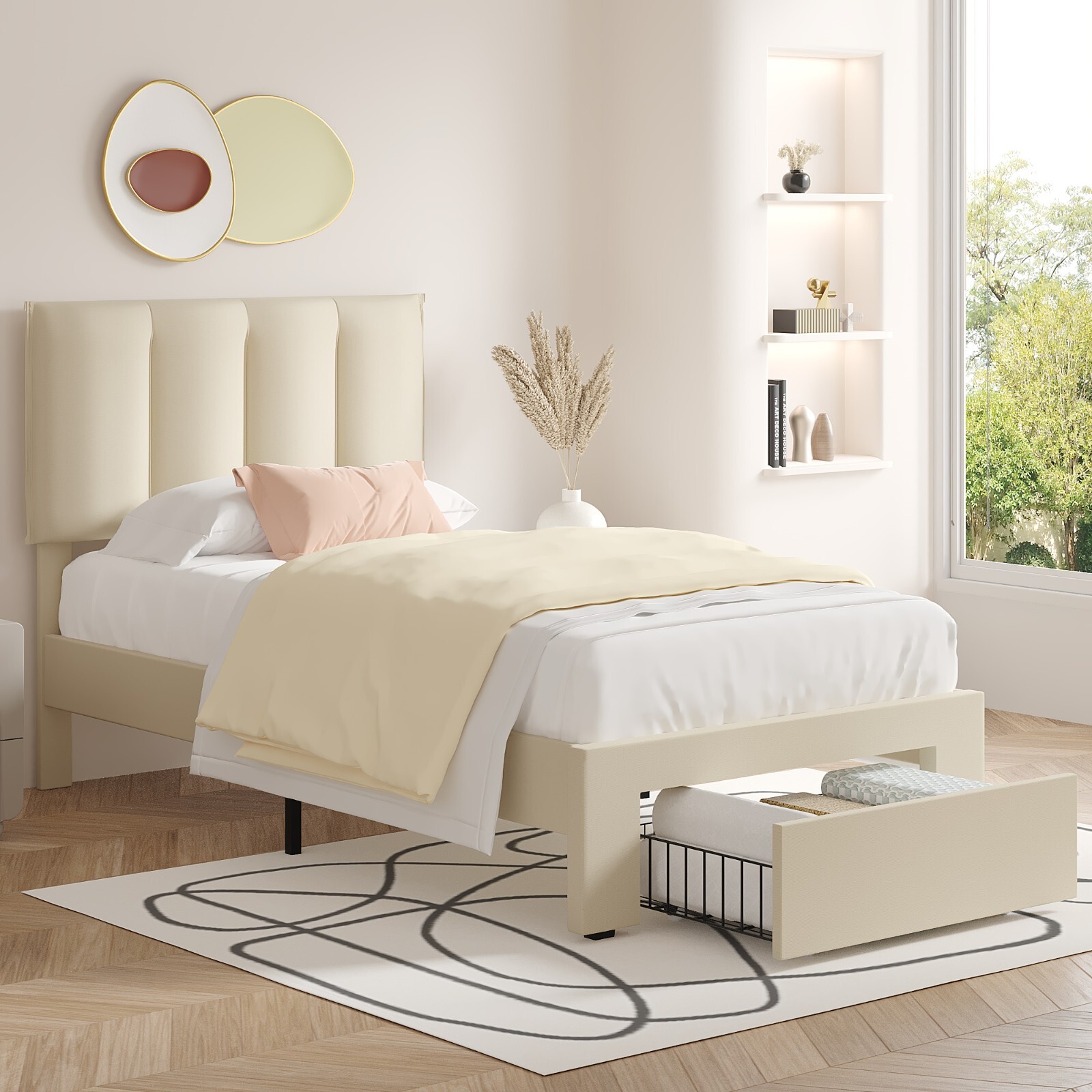VECELO Twin Full Queen Bed Frame Platform with Upholstered Headboard Wooden Slat