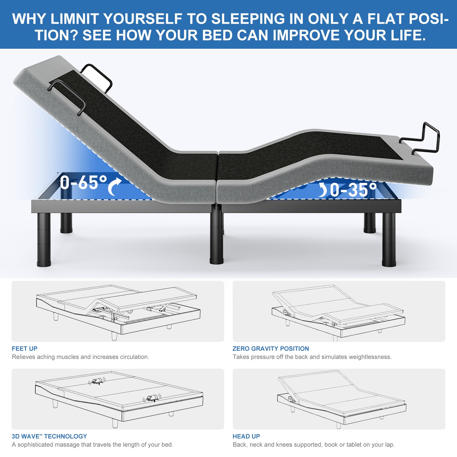 Adjustable Bed Frame Wireless Remote Electric Massage Full Queen King TXL Size