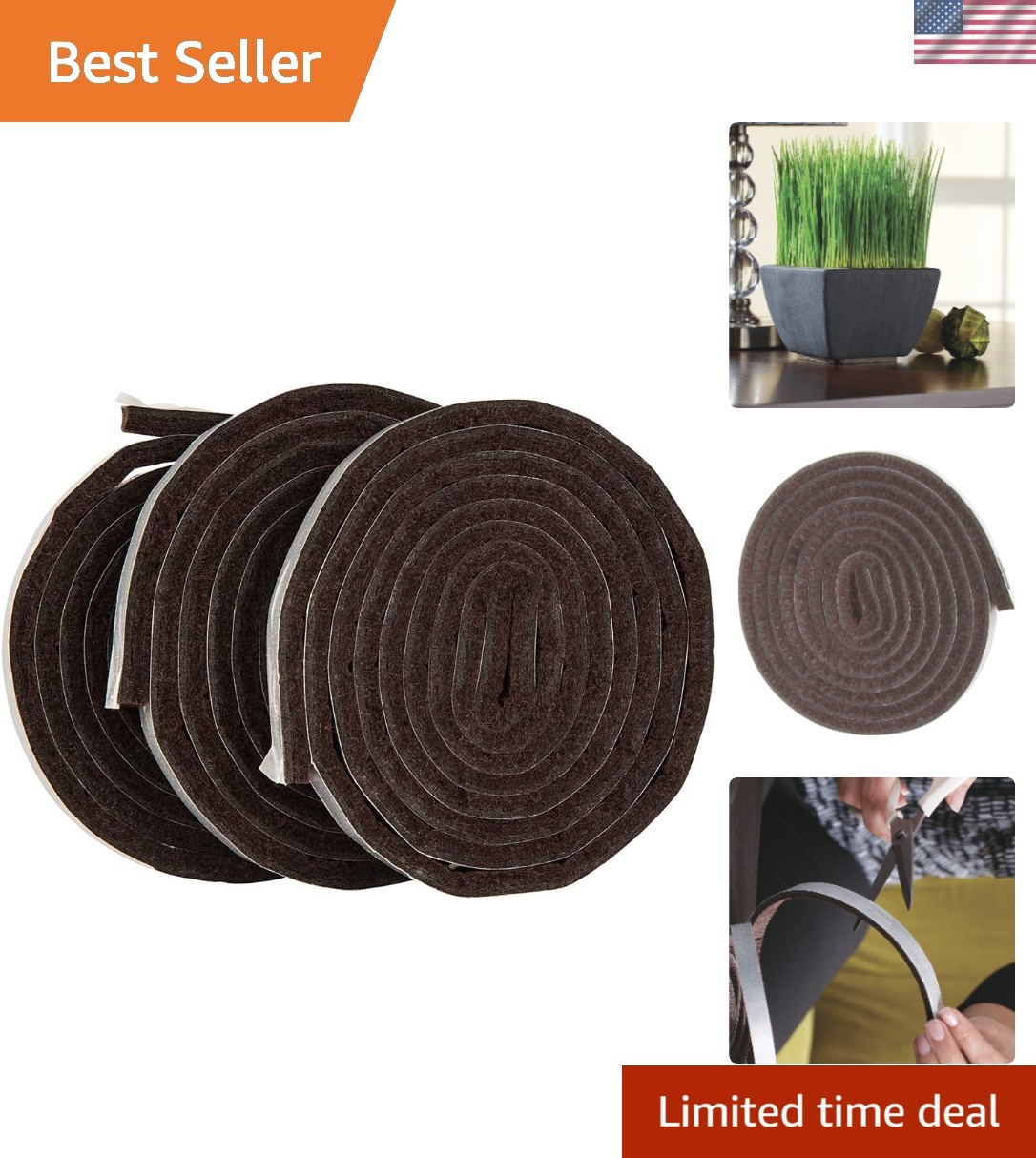 Self-Stick Heavy-Duty Felt Strips for Floor Protection – 3 Brown Rolls Included