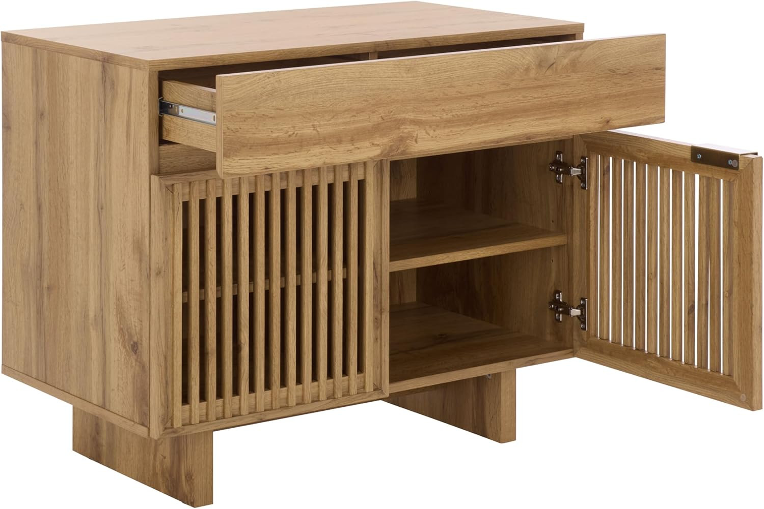 Quaid Oak & Brass Nightstand with 1 Drawer and 2 Doors, Interior Shelves