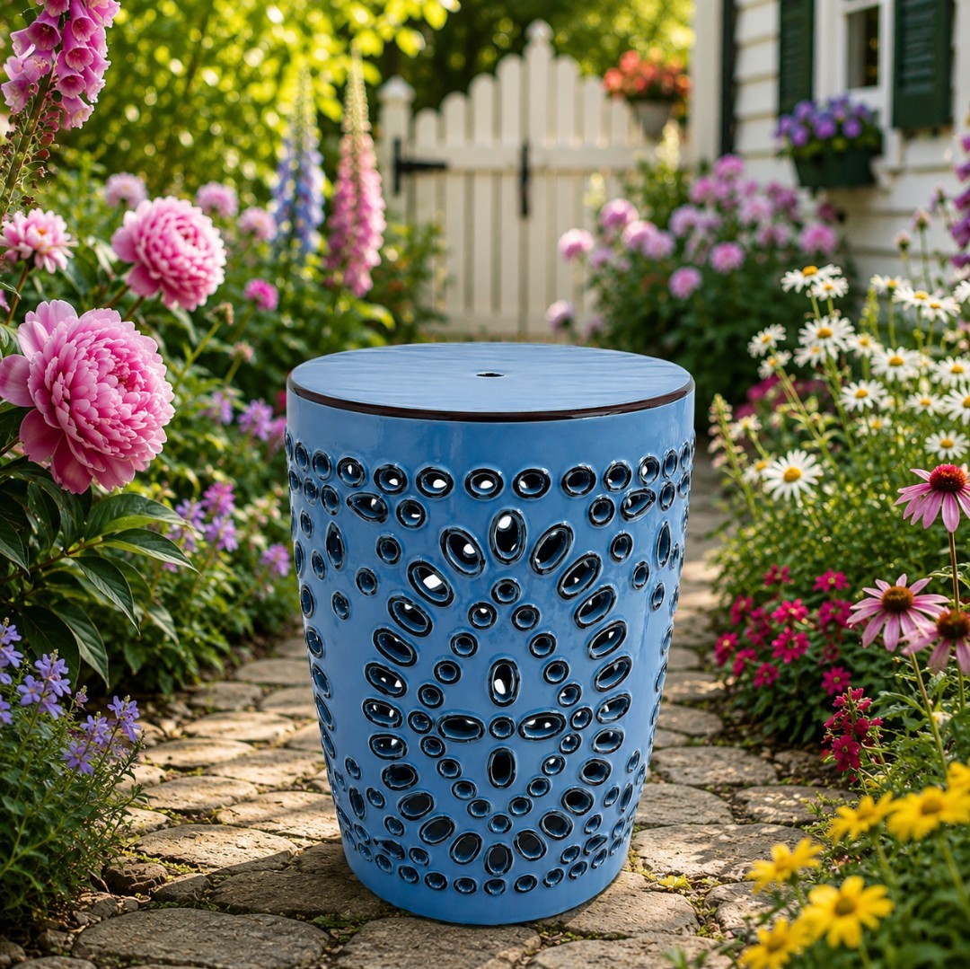 Blue Chinese Porcelain Garden Stool Ceramic Seat Side Table Plant Stand Lattice