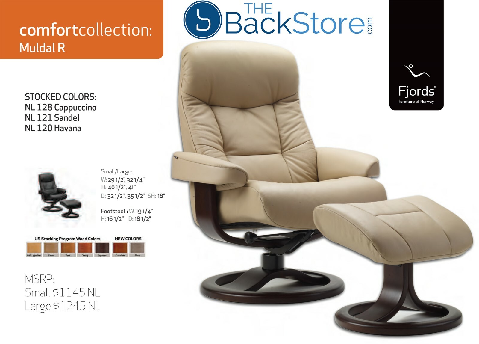 Fjords Muldal Large Recliner Chair + Ottoman – Blue Leather – Walnut Wood Stain