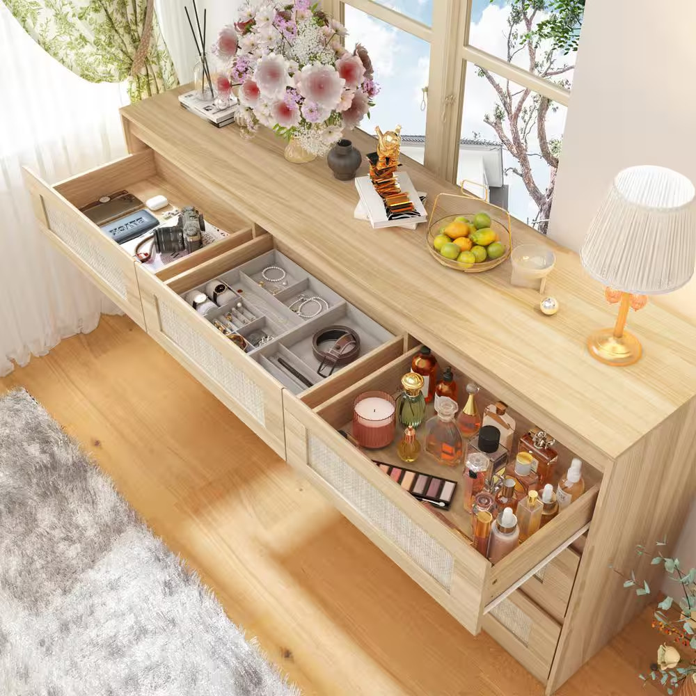 Rattan Wood Finish 9-Drawer 62.9 In. X 15.7 In. X 31.9 In. Dresser, Wooden Chest
