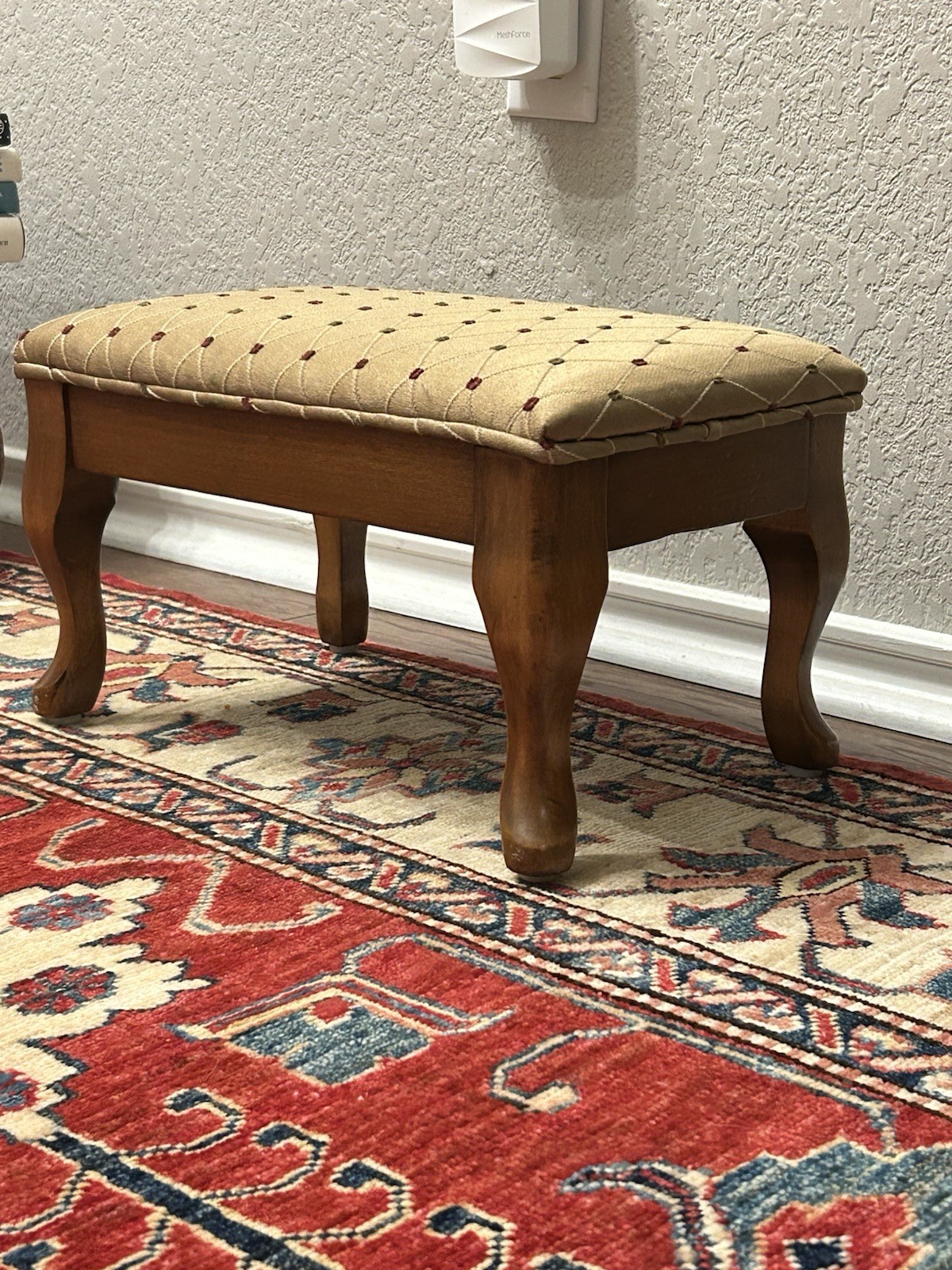 Vintage Footstool Bench 1950s Wood Cabriole Legs Reupholstered Diamond Tuft
