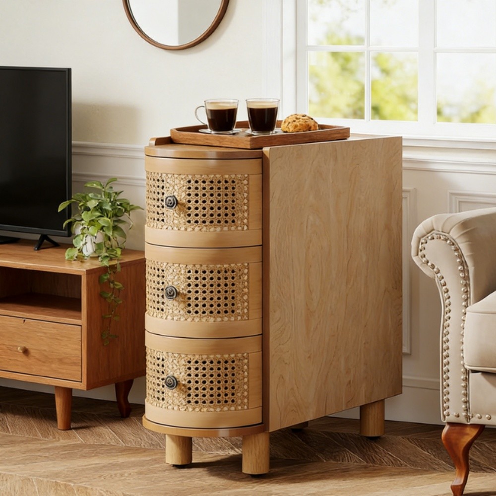 End Table Wood Bedside Table Side Table with Three Spacious Rattan Drawers