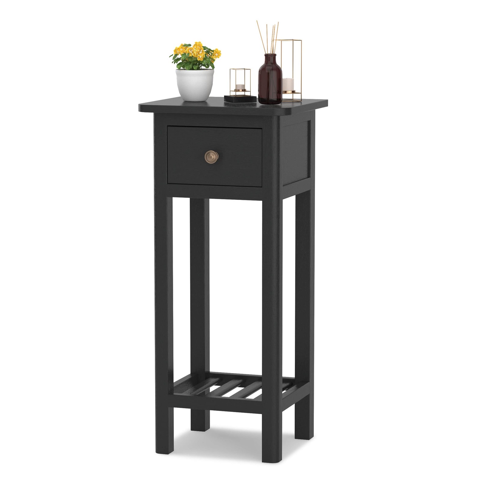 Narrow End Table Nightstand Drawer Shelf Anti-Tip Wood Side Table Small Space