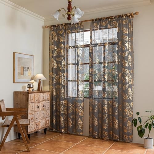 Charocoal Gray and Gold Sheer 52″W x 96″L (Pack of 2) Gold and Charocoal Gray