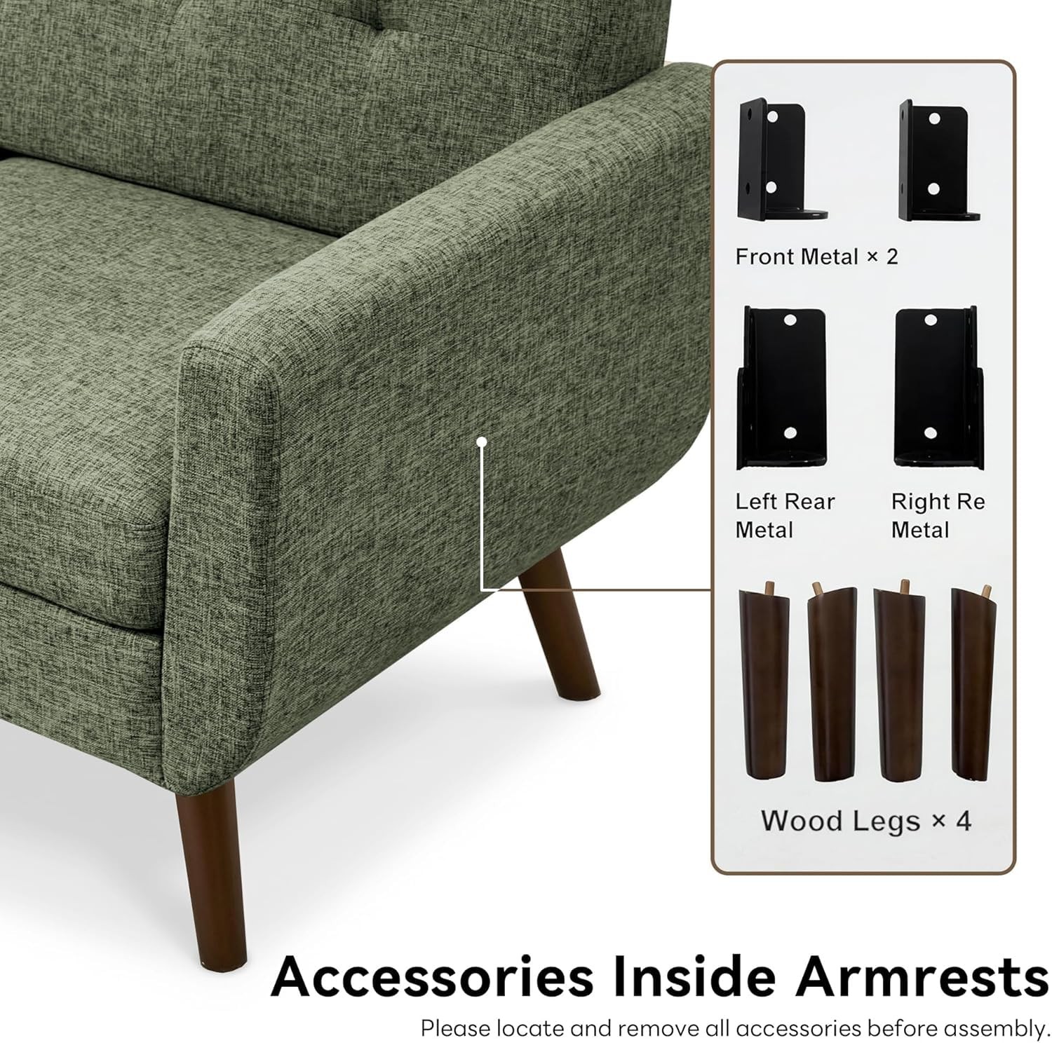 65 W Loveseat Sofa Mid Century Modern Button Tufted Upholstered Couch Green