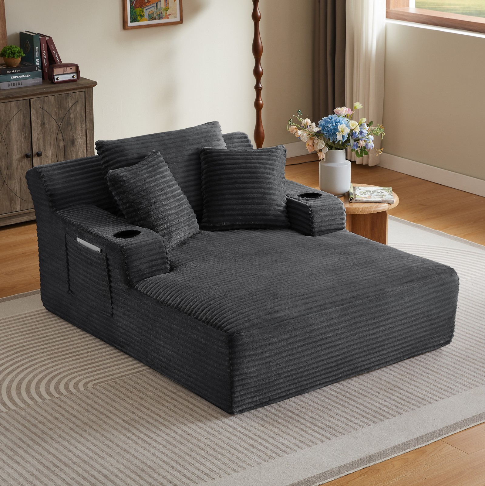 Oversized Corduroy Boneless Cloud Chaise Lounge With Cup Holders Side Pocket