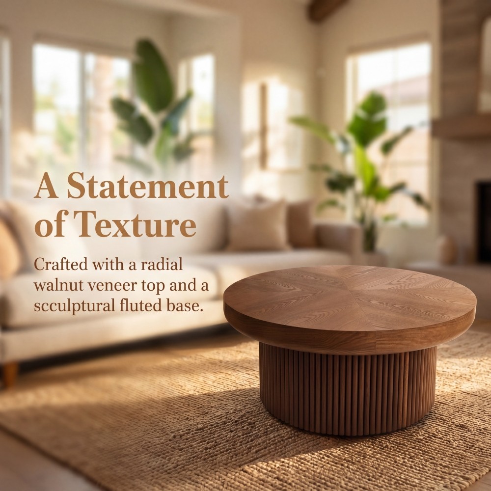 33.5″ Round Fluted Coffee Table, Wood Parquet Top Cylindrical Base, Walnut