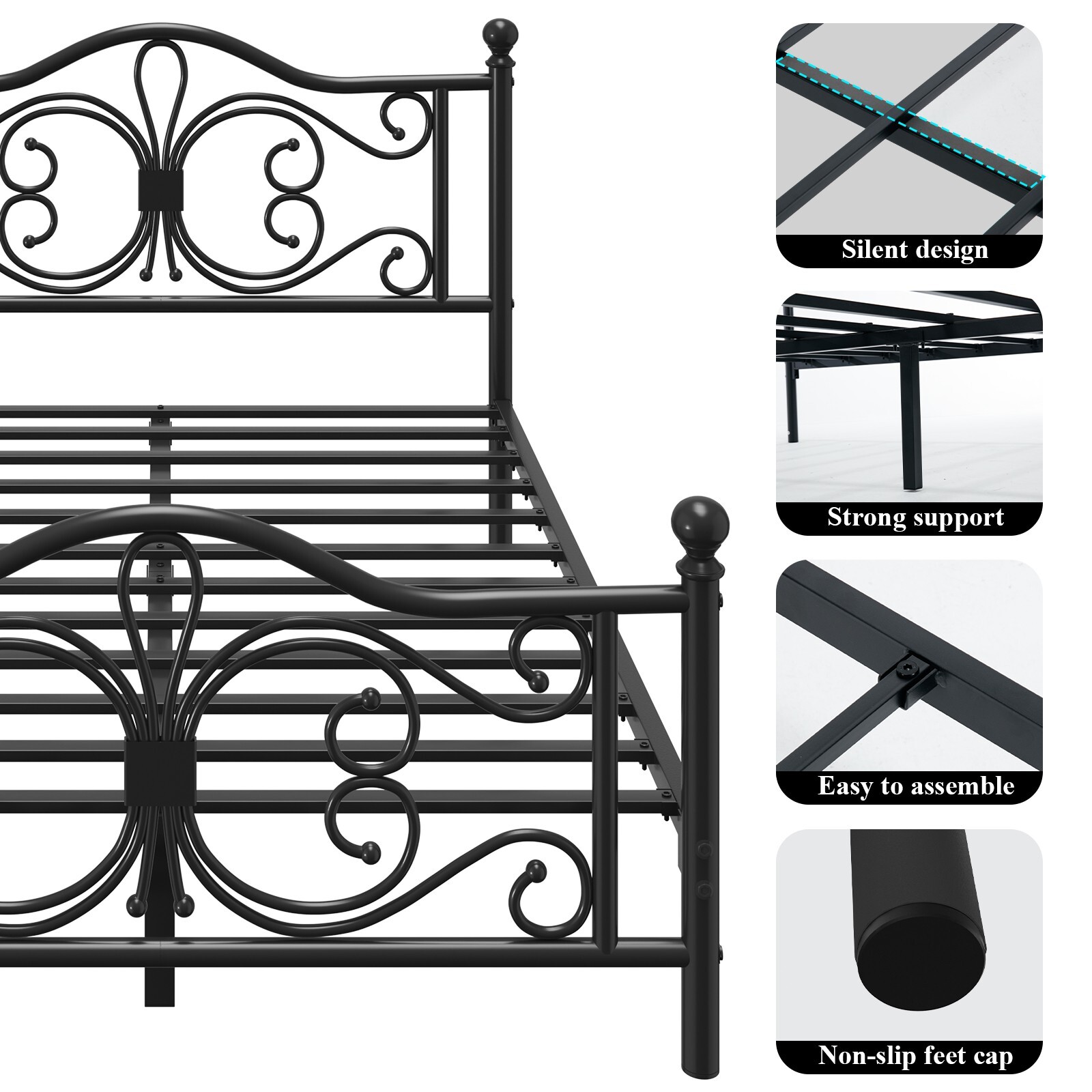 Queen/Twin/Full Metal Platform Bed Frame with White Headboard & Footboard