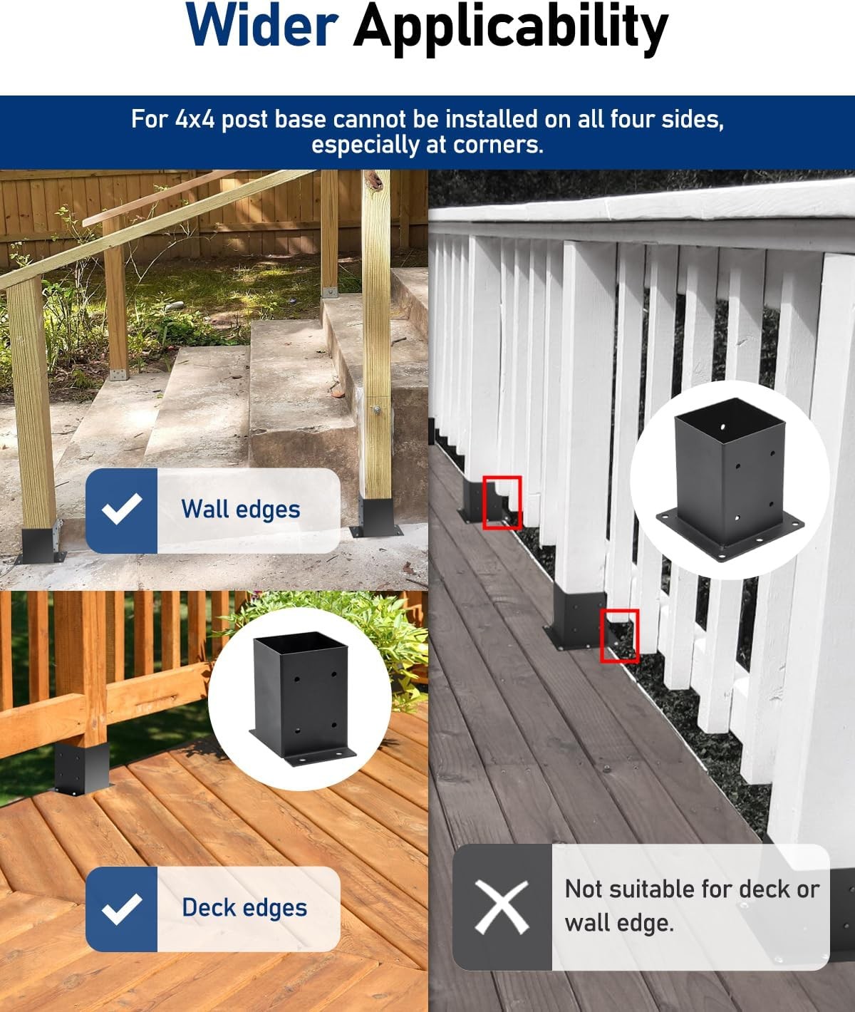 4×4 Edge-Mount Post Base Bracket 4-Pack 2-Side Flange Wall-Flush Deck Black