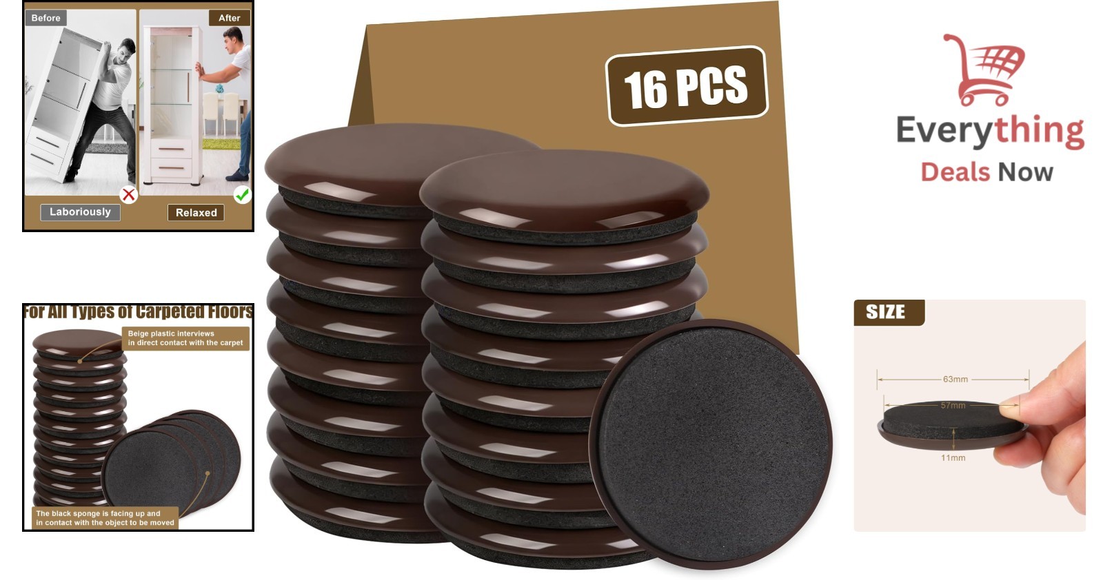 16PCS Furniture Sliders for Hardwood Floors & Carpet Heavy Duty Reusable Movers