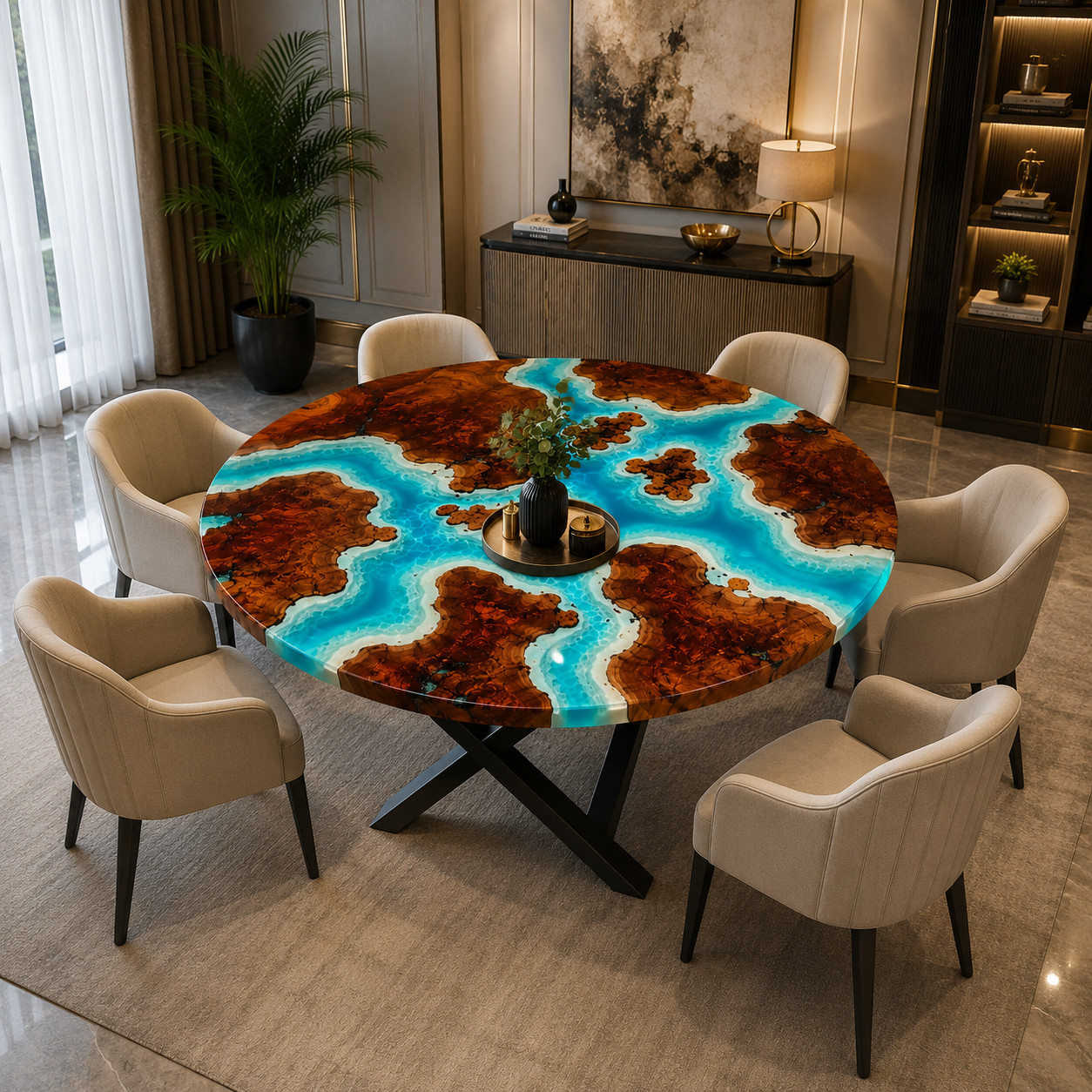 Round Ocean Epoxy River Dining Table Top | Live Edge Burl Wood ResinTable 24X24