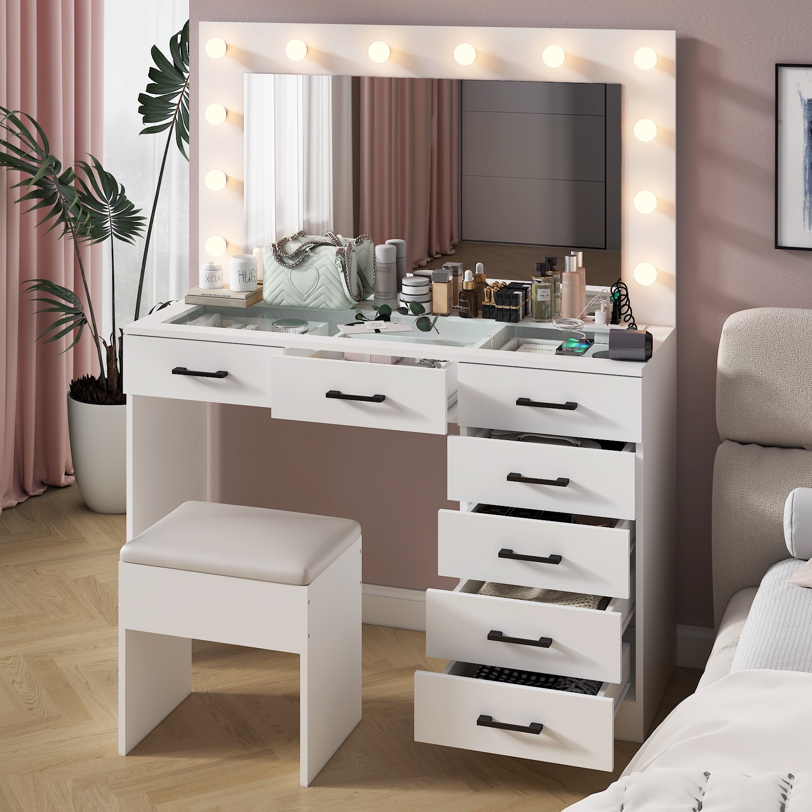 Large Vanity Set Makeup Desk Dressing Dresser Table 7 Drawer with 12 LED Lights