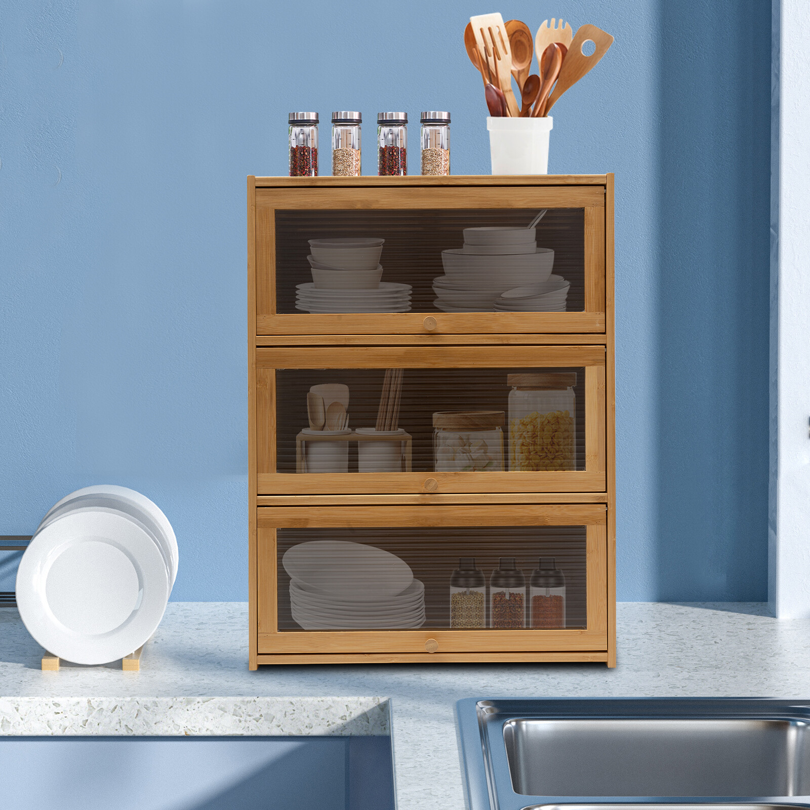 Storage Cabinet, Countertop Cabinet, Bamboo Organizer for Kitchen Living Room