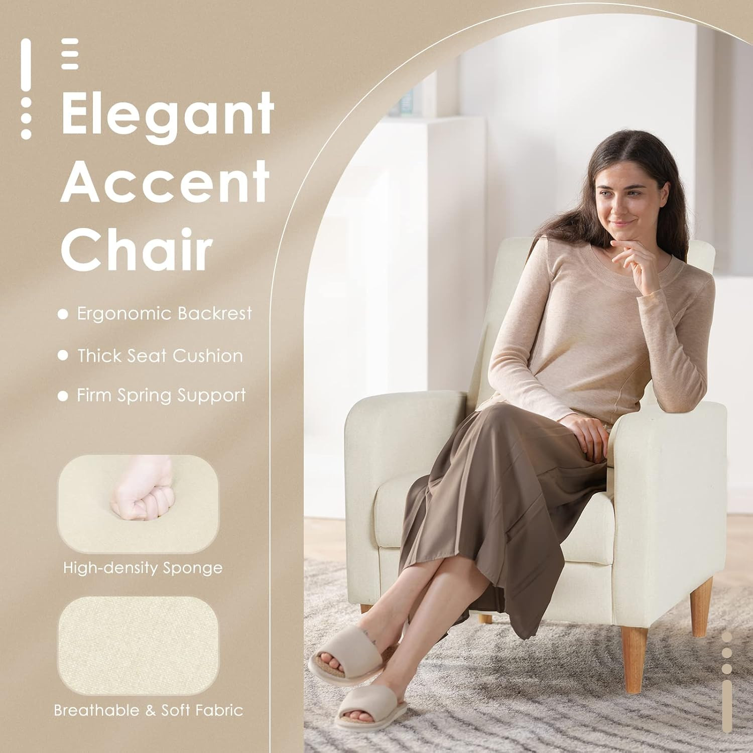 Stylish Mid-Century Modern Accent Chair with Back Pillow, Beige Upholstery