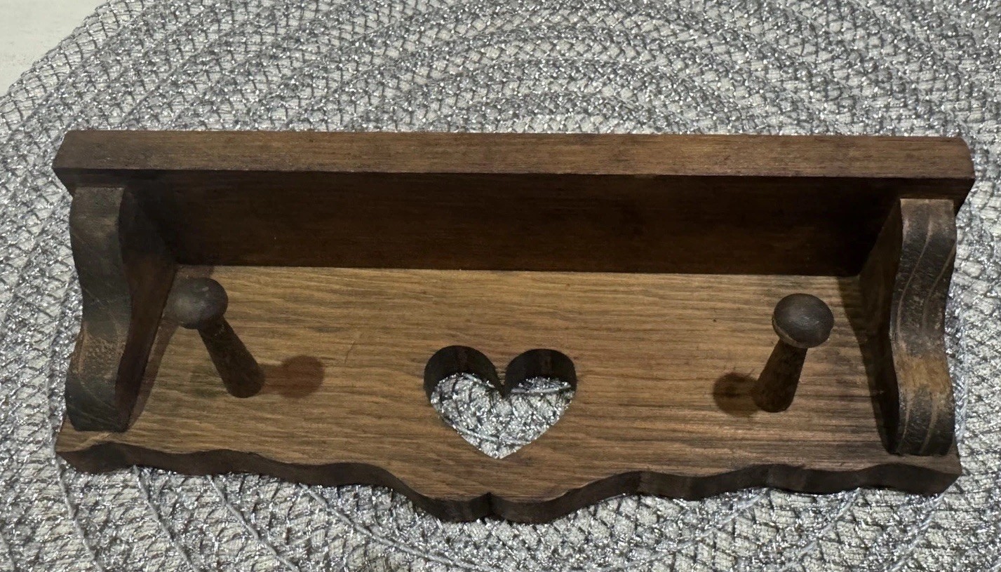 Farmhouse Wood Mini Shelf Heart Cutout 2 Pegs Brown Rustic Country Granny Core
