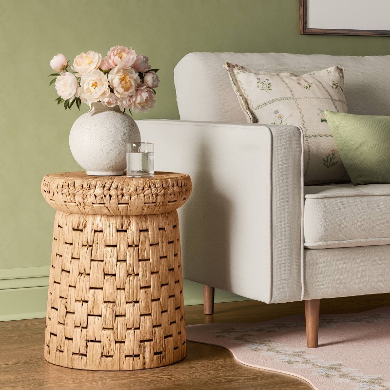 Water Hyacinth Woven Side Table Natural Mushroom Shape Metal Frame