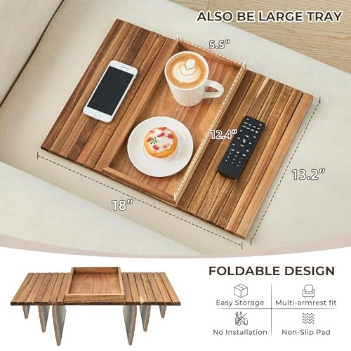 Sofa Arm Tray, Foldable Couch Armrest Large (without Phone Holder) Acacia Wood