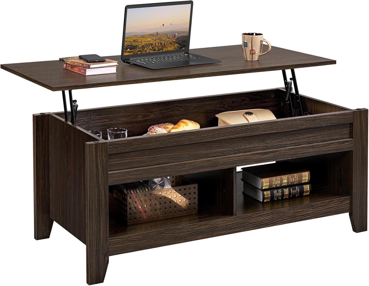 Lift Top Coffee Table with Hidden Storage Compartment & 2 Open Shelves, Rising T