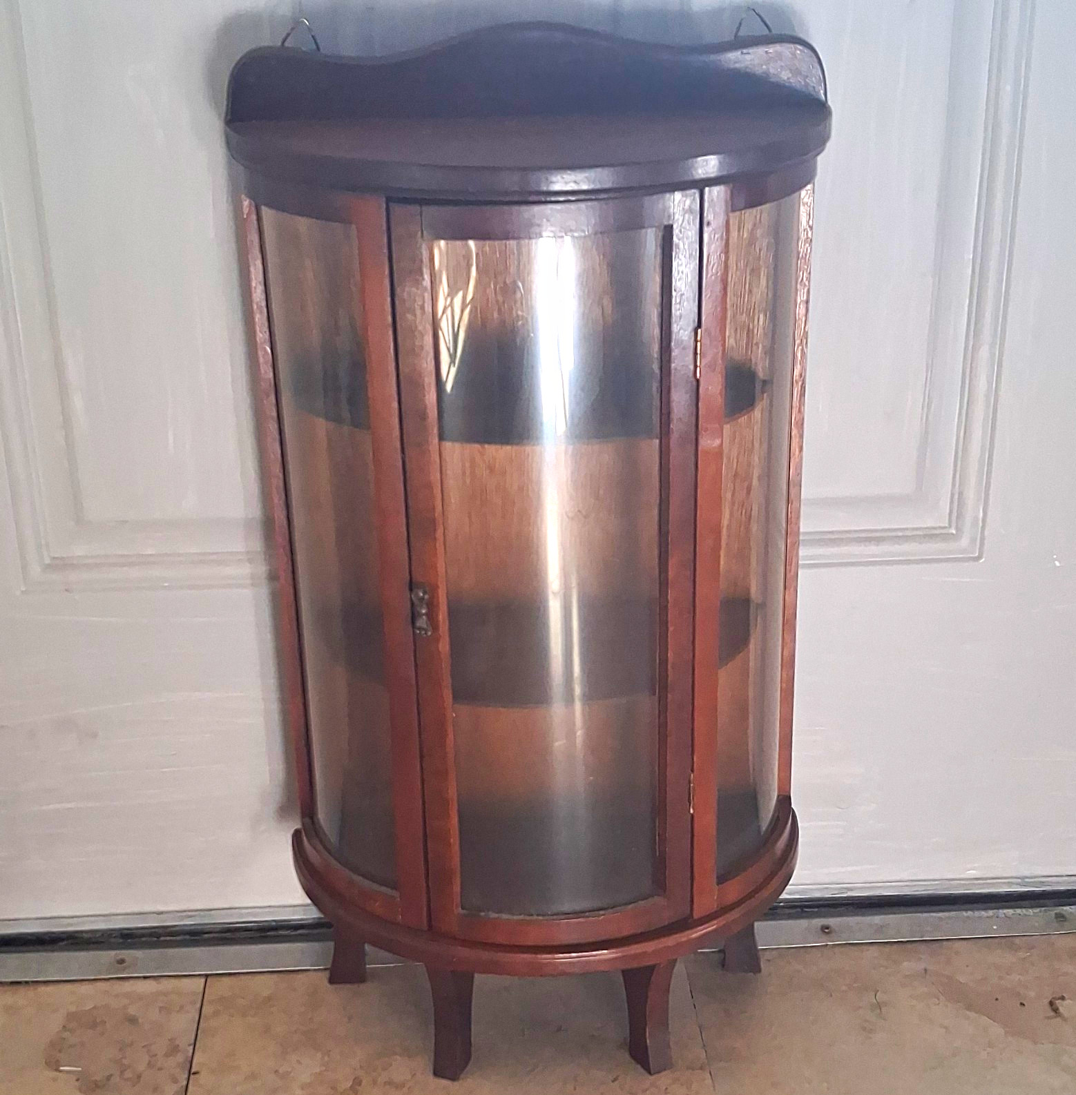 Curved Brown Wood & Glass Curio Cabinet Glass Door, Freestanding, 2 Shelves 22in
