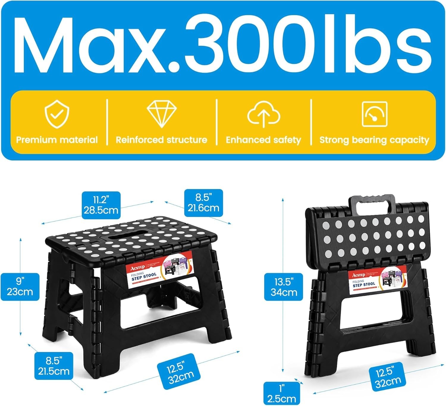 ACSTEP Folding Step Stool 9 Inch – Holds 600 lb, Non-Slip Surface & Carry Ha…