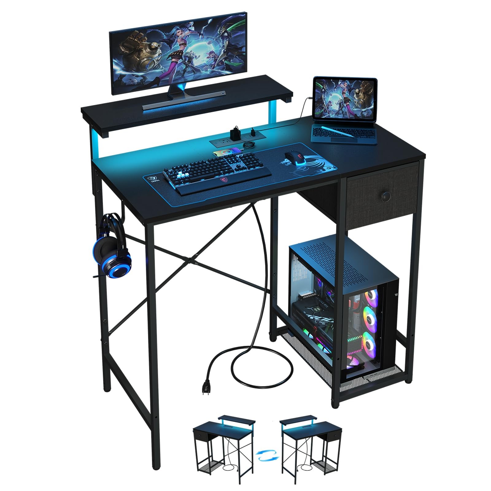 33.5″ Small Gaming Desk with LED Lights & Power Outlets, Compact Computer Desk