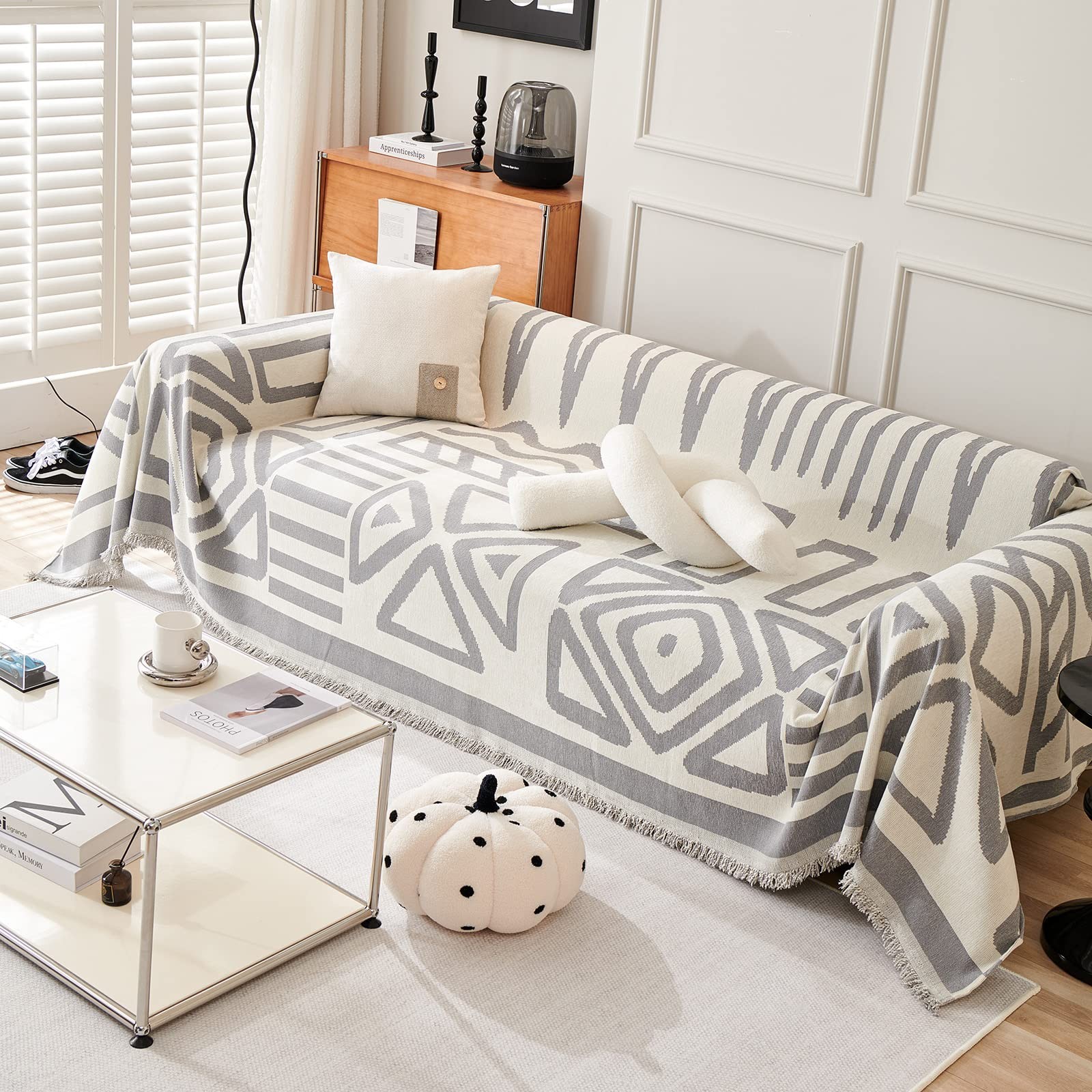 Boho White Gray Plaid Triangle Jacquard Sofa Slipcover Protector 71×150 Oversize
