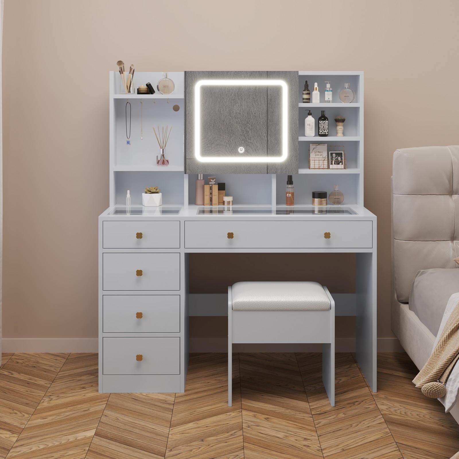 Large Vanity Set with Led Lighted Mirror & Charging Station Woman Dressing Table
