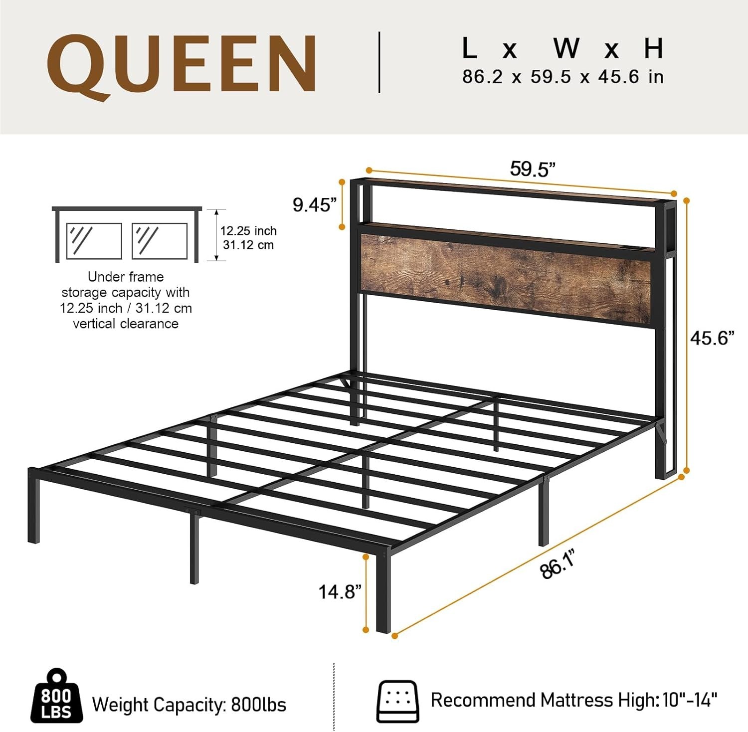 King Queen Full Metal Platform Bed Frame with LED Light, Charging ,4 Drawers