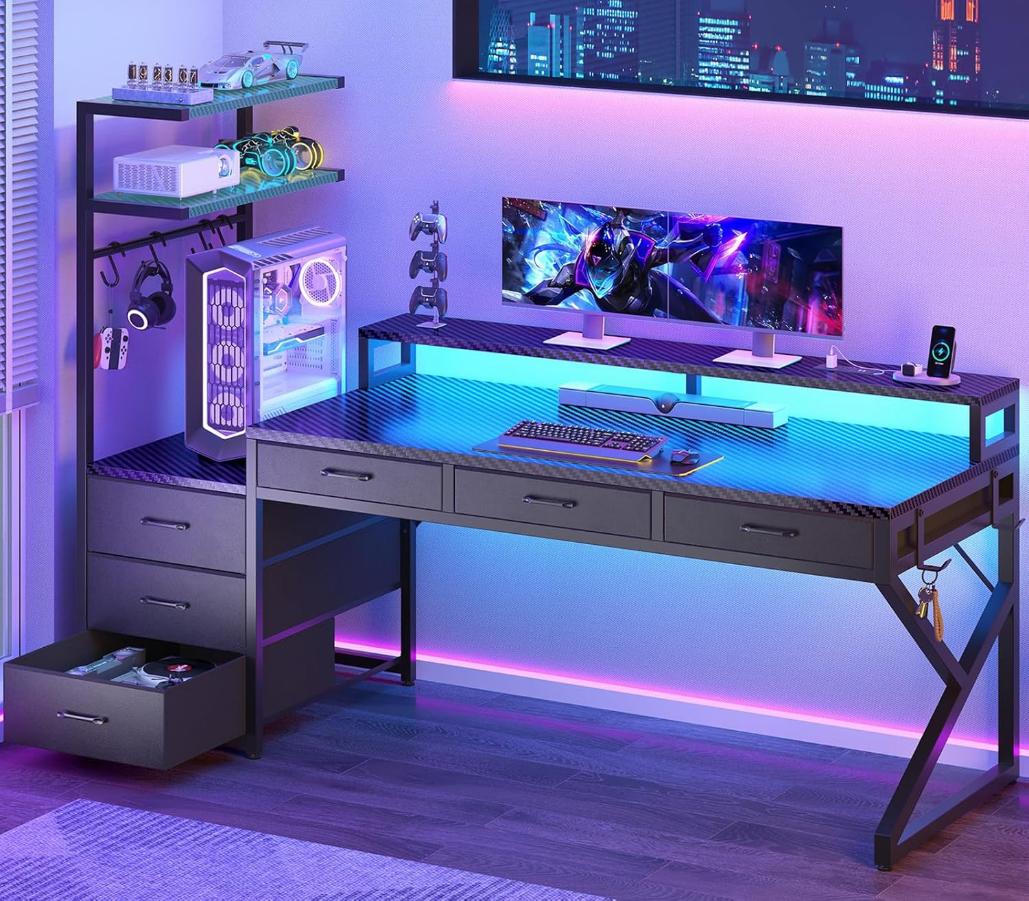 SEDETA 55″ Gaming Desk with 6 Drawers, Corner Gaming Desk with Storage & LED Lig