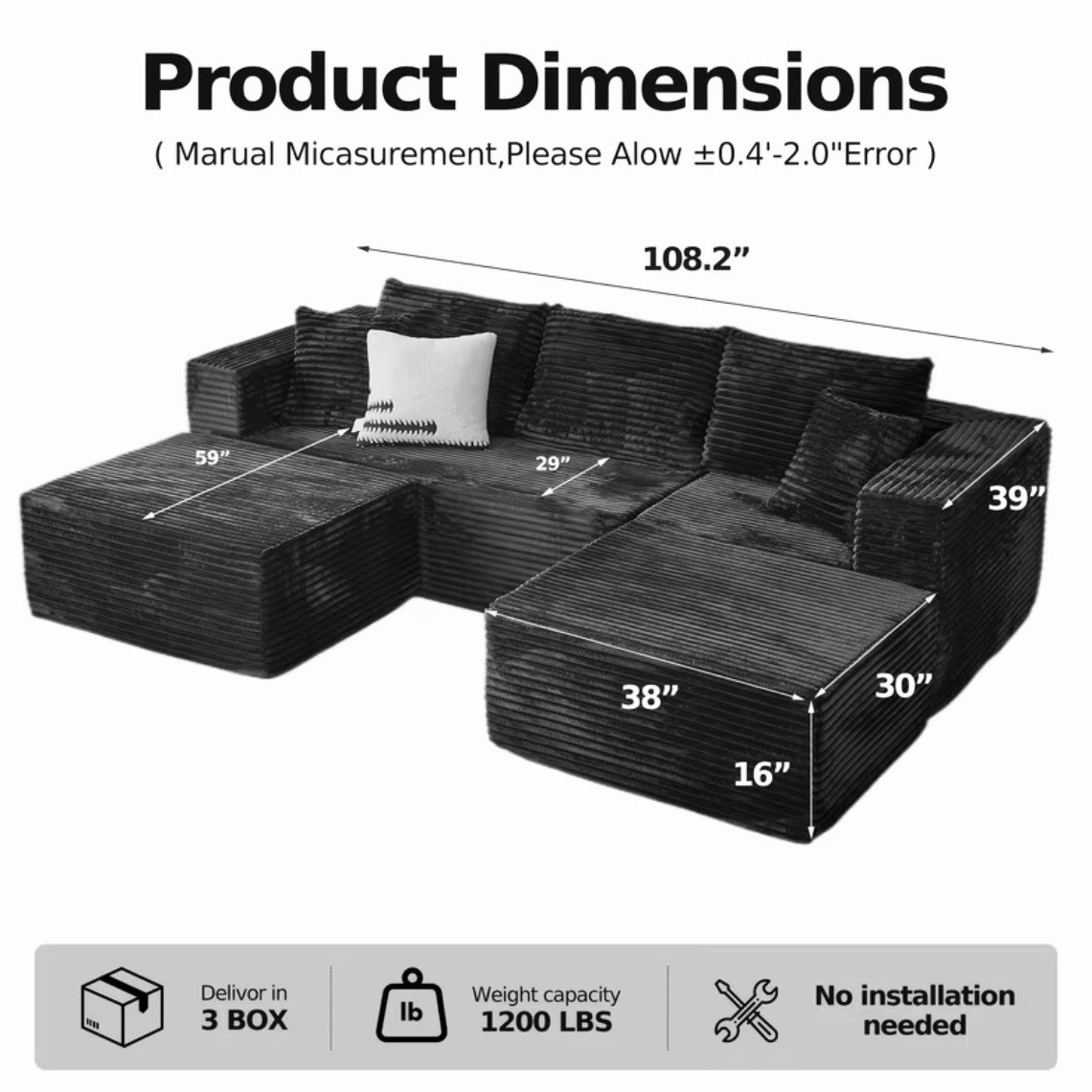 Modular Sectional Sofa Bed Chaise Corduroy Fabric Cushion Boneless No Assembly