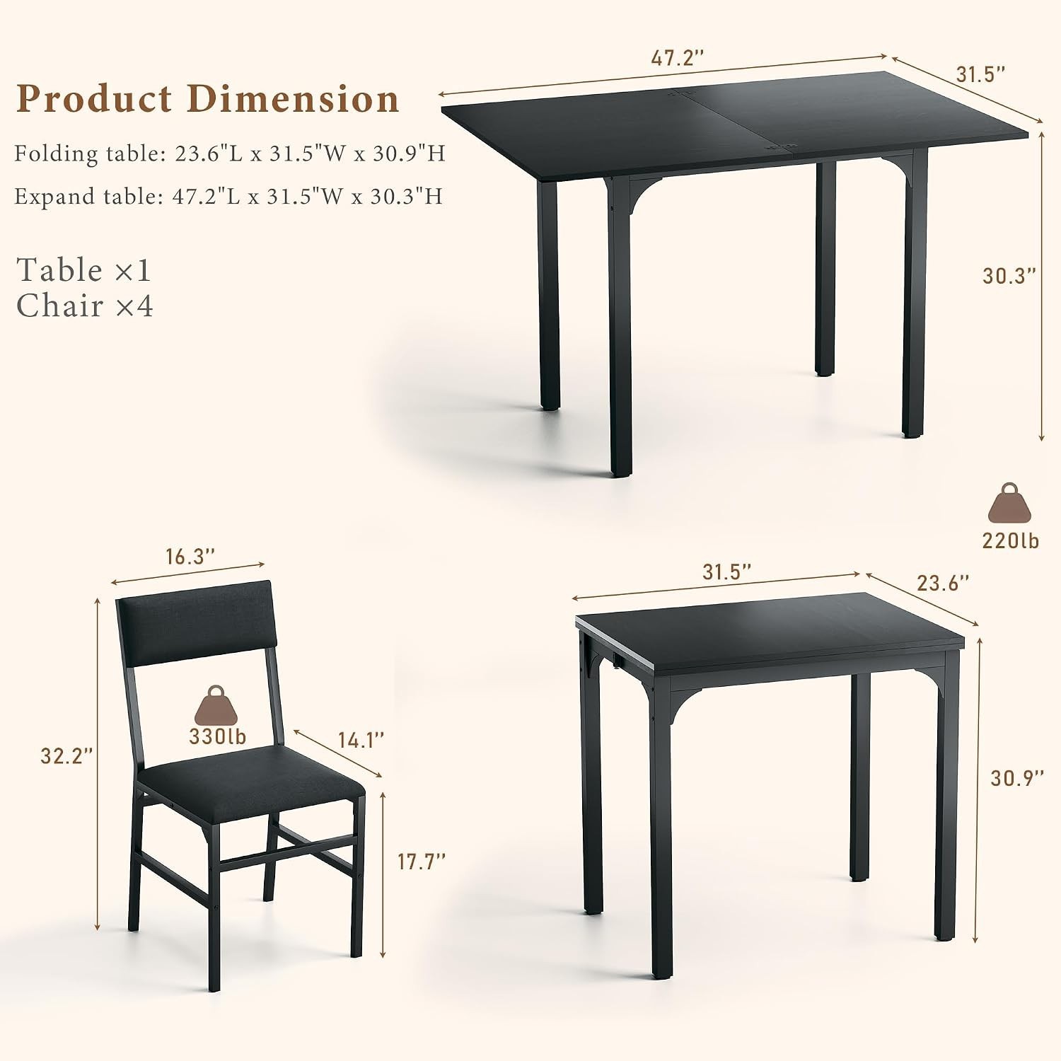 Rectangle Dining Table Chairs Set of 4 Extendable Kitchen Table Cushion Metal