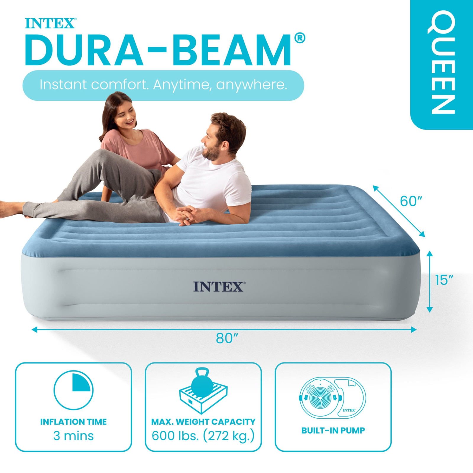 Intex Queen Dura-Beam Deluxe Air Mattress Built-In Pump (Queen,Single,FREESHIP)