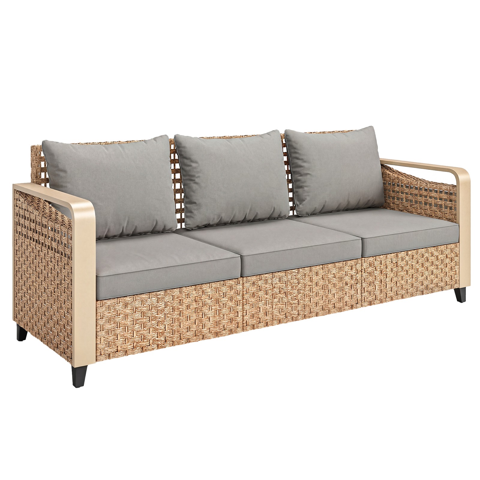 Rattan Wicker Sofa with Cushions 3-Seater, Gray