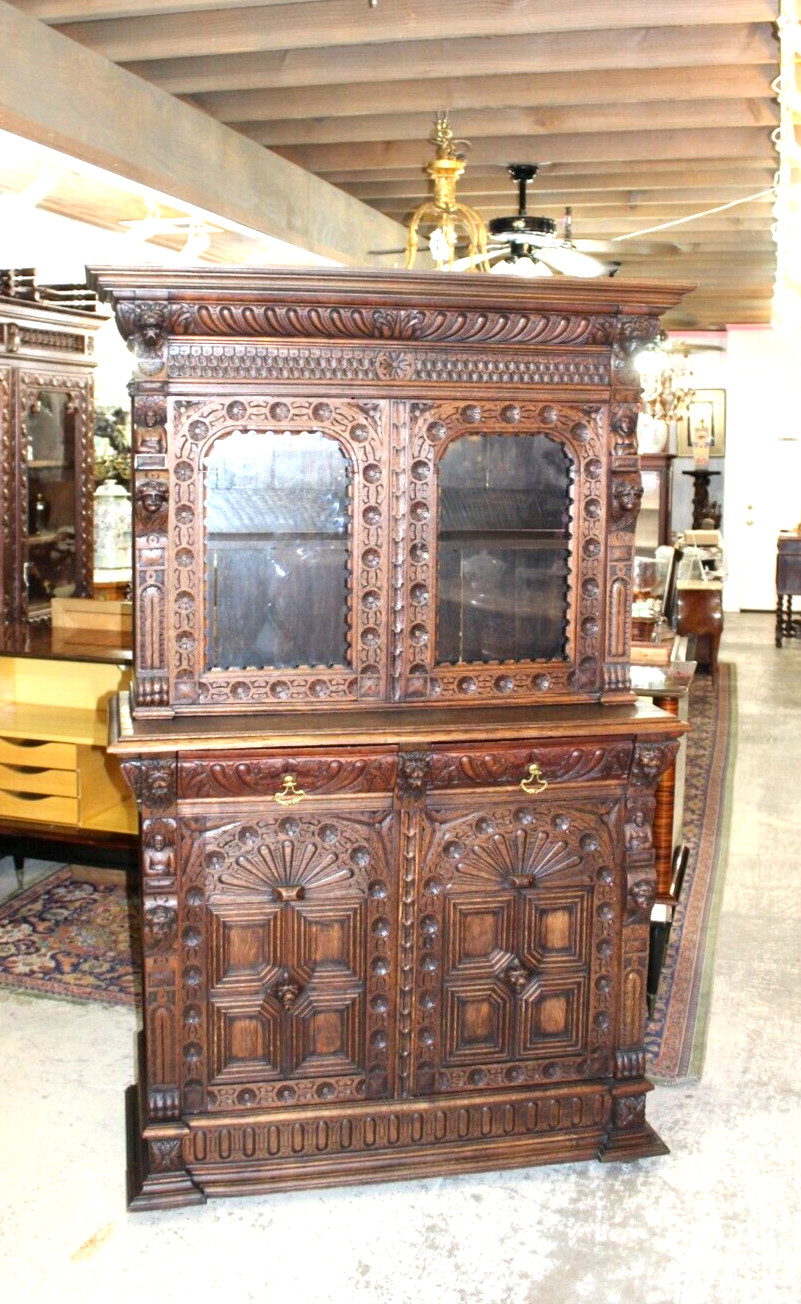 French Antique Oak Renaissance Display Cabinet / Buffet
