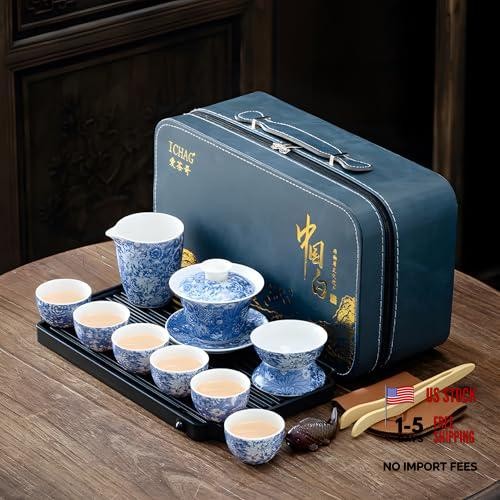 14-Piece Portable Gongfu Set—Yangzhi Jade Porcelain Gaiwan Kit—Dark Blue