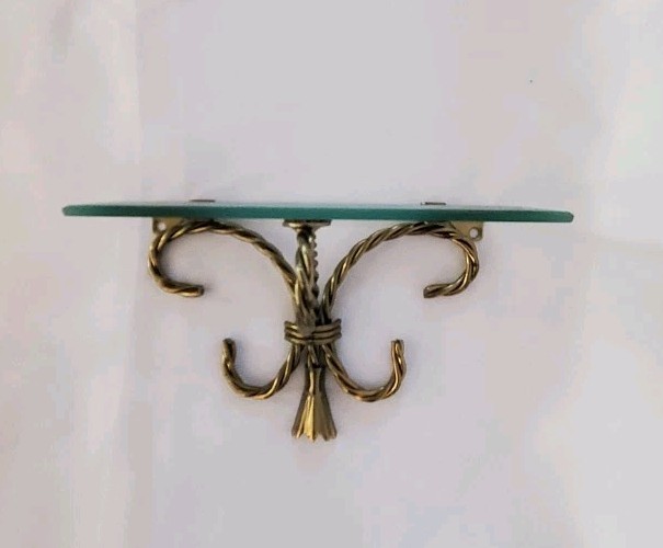 Vintage Gold Tone Metal & Glass Wall Shelf Twisted Rope Design 7″x5″x5″