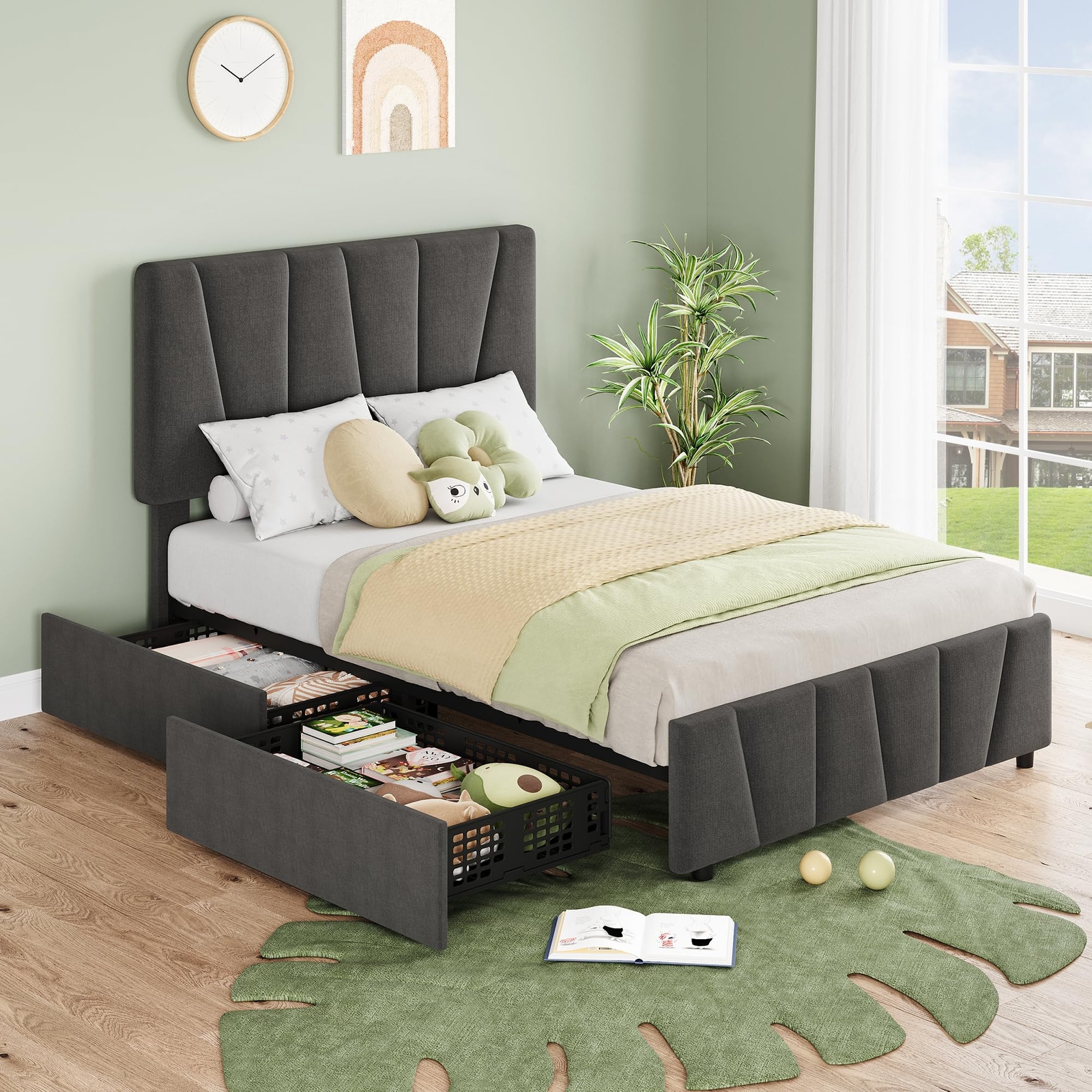 Twin Size Bed Frame with 2 Storage Drawers Upholstered Headboard Metal Platform