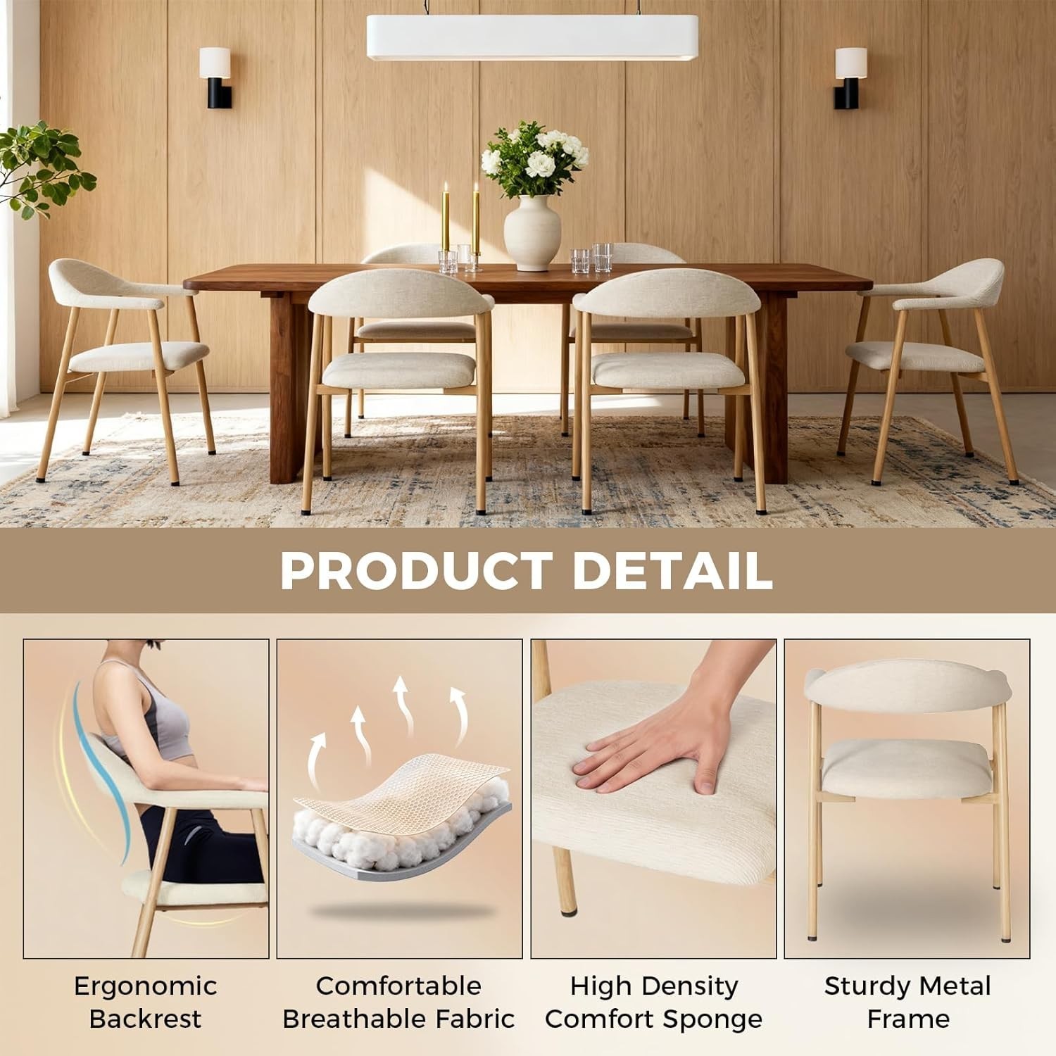 2PCS Linen Fabric Upholstered Dining Chairs w/ Back&Arms Kitchen Cafe Side Chair