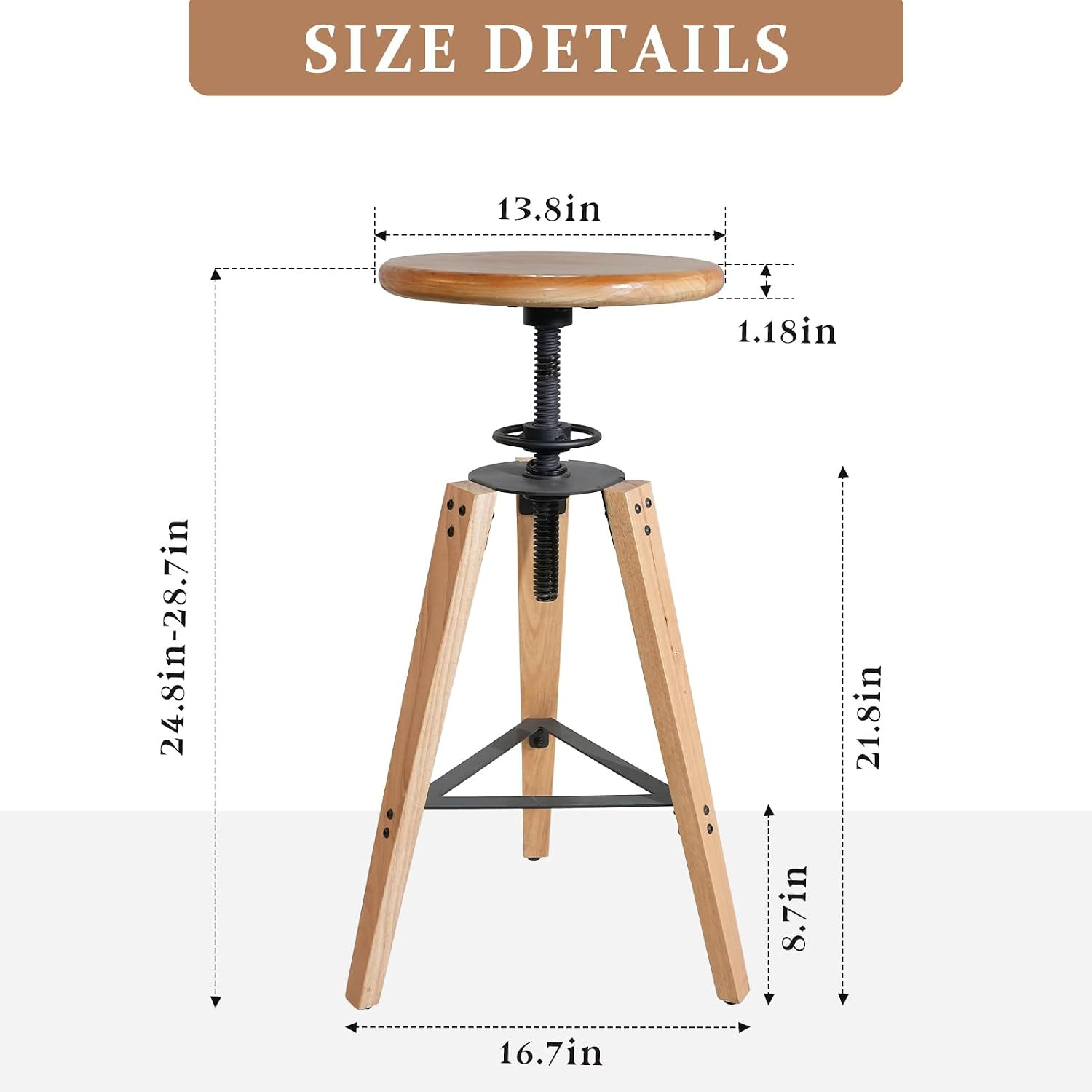 Rustic Adjustable Height Swivel Bar Stool – Solid Oak, Anti-Slip, Heavy Duty