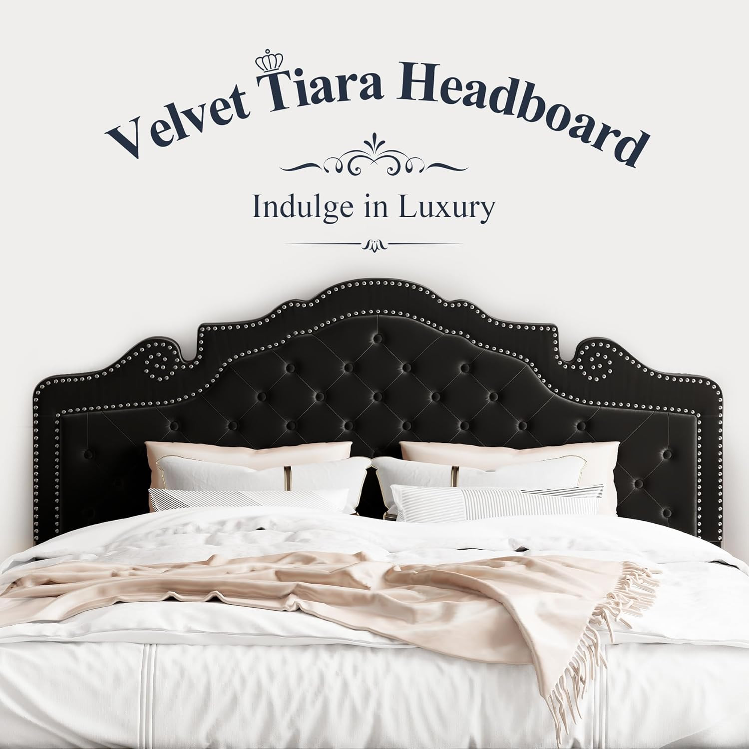 King Size Platform Bed Frame with Adjustable Velvet Tiara Headboard, Upholstered